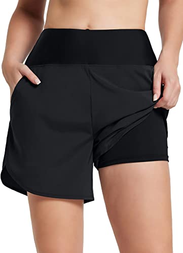 BALEAF Damen 5" Badeshorts hoch taillierte Boardshorts schnell trocknende Badehose Trunks UPF 50+ Strandshorts mit Liner Schwarz 3XL von BALEAF