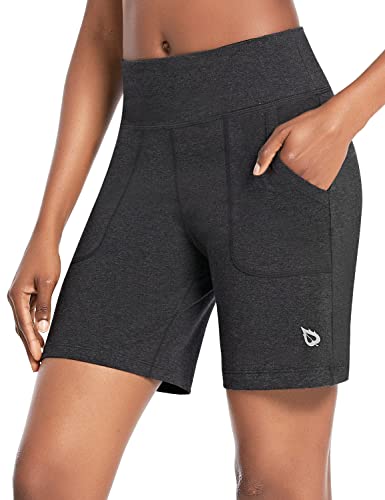 baleaf Damen 7" Bermuda Shorts Sommer Kurze Hose Hohe Taile Sporthose kurz mit Taschen Laufshorts Runningshorts Grau M von baleaf