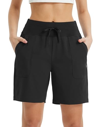 baleaf Laufshorts Damen mit Taschen, 7" Knielang Sport Shorts Damen, Atmungsaktiv Schnelltrocknend UV-Schutz Sporthose Kurz für Outdoor, Laufen, Fitness Schwarz L von baleaf