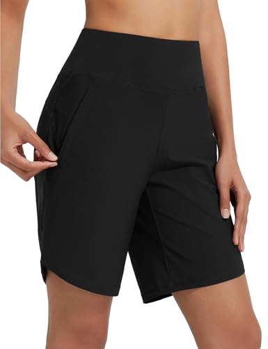 baleaf Damen 9" Badeshorts lang Schwimmen Boardshorts Reißverschlusstaschen Badehose Schnell Trocknend Schwimmhose UPF50+ UVA Bermudashorts Knielang Schwarz 3XL von baleaf