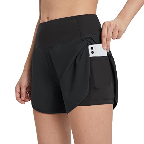 BALEAF Damen Activewear 2-in-1 Laufshorts mit innerer Kompression, kurze Reißverschlusstasche, Schwarz , L von BALEAF