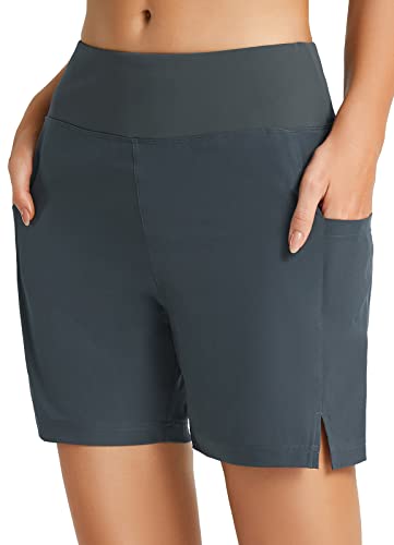 baleaf Damen Badeshorts Bauchkontrolle Schwimmshorts Schnell Trocknend Hohe Taille Boardshorts Schwimmunterteil UPF50+ mit Taschen Grau XL von baleaf
