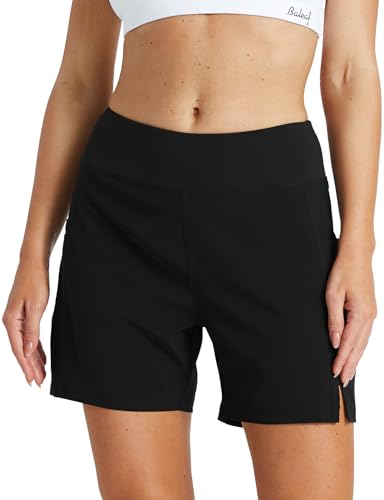 BALEAF Badeshorts Damen Badehose Schnell Trocknend Schwimmshorts Boardshorts Strandshorts High Waist Bikini Hose Schwimmen Kleidung Badepants UPF50+ mit Taschen Schwarz L von BALEAF