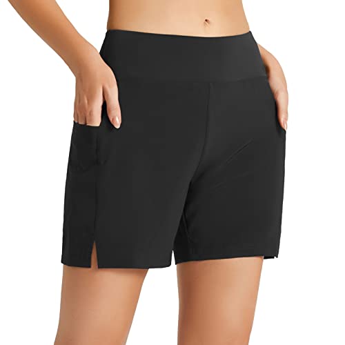 BALEAF Badeshorts Damen Badehose Schnell Trocknend Schwimmshorts Boardshorts Strandshorts High Waist Bikini Hose Schwimmen Kleidung Badepants UPF50+ mit Taschen Schwarz M von BALEAF