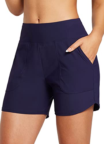 BALEAF Damen Badeshorts Bauchkontrolle UPF50+ Badehose Schnell Trocknend Schwimmhose Hohe Taille Boardshorts Schwimmunterteil mit Taschen Blau 3XL von BALEAF