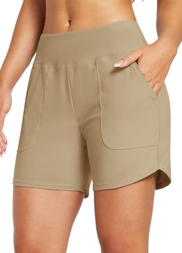 BALEAF Damen Badeshorts Bauchkontrolle UPF50+ Badehose Schnell Trocknend Schwimmhose Hohe Taille Boardshorts Schwimmunterteil mit Taschen Braun XL von baleaf