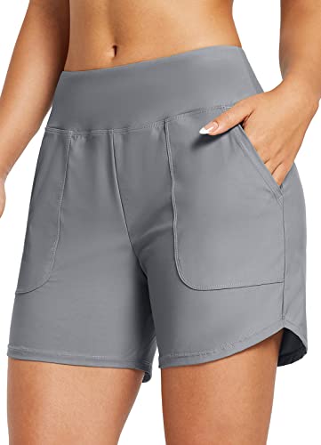 BALEAF Damen Badeshorts Bauchkontrolle UPF50+ Badehose Schnell Trocknend Schwimmhose Hohe Taille Boardshorts Schwimmunterteil mit Taschen Grau L von BALEAF