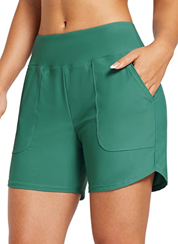 BALEAF Damen Badeshorts Bauchkontrolle UPF50+ Badehose Schnell Trocknend Schwimmhose Hohe Taille Boardshorts Schwimmunterteil mit Taschen Grün 3XL von BALEAF