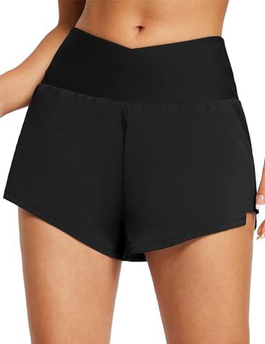 BALEAF Damen Badeshorts Bauchkontrolle UPF50+ Boardshorts Schwimmunterteil mit Taschen Badehose Schnell Trocknend Schwimmhose Hohe Taille Bikinihose StrandshortsSchwarz L von BALEAF