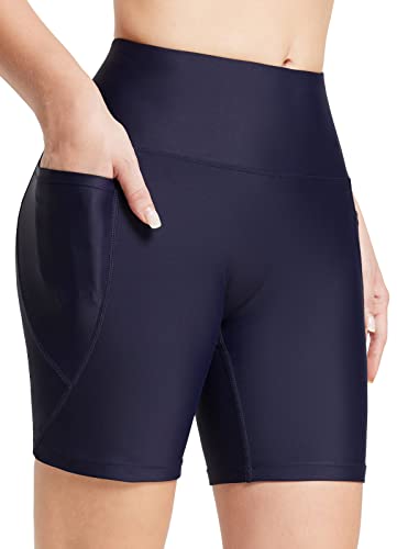 BALEAF Damen Badeshorts UPF50+ Badehose Chlorbeständig Boardshorts Hohe Taille Schwimmhose Bauchkontrolle Schwimmshorts Schwimmunterteil mit Taschen Blau L von BALEAF