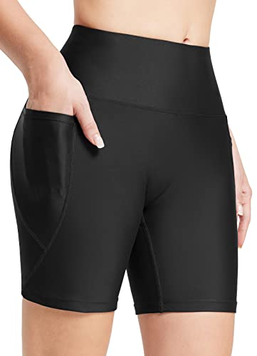 BALEAF Damen Badeshorts UPF50+ Badehose Chlorbeständig Boardshorts Hohe Taille Schwimmhose Bauchkontrolle Schwimmshorts Schwimmunterteil mit Taschen Schwarz XS von BALEAF