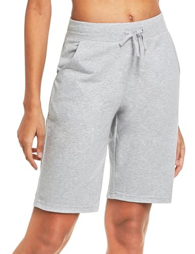 baleaf Damen Bermuda Shorts Baumwolle Sporthose Kurz Knielang Sweathose Sommerhose mit Taschen 10" Activewear Hosen Loose Casual Freizeit Hell Grau M von baleaf