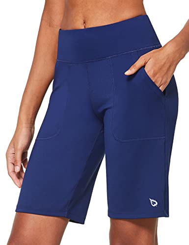 BALEAF Damen 10" Bermuda Shorts Knielang Sommer Kurze Hose Hohe Taile Sporthose kurz mit Taschen Laufshorts Runningshorts Blau XXL von baleaf