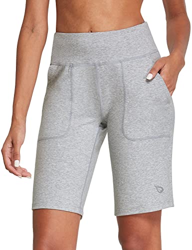 BALEAF Damen Bermuda Shorts Baumwolle Yogashorts Hohe Taile Sweathose Sommerhose kurz Runningshorts mit Taschen für Yoga, Sport, Freizeit HellGrau 3XL von BALEAF