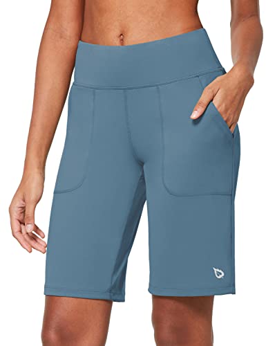 BALEAF Damen 10" Bermuda Shorts Knielang Sommer Kurze Hose Hohe Taile Sporthose kurz mit Taschen Laufshorts Runningshorts Hellblau L von baleaf