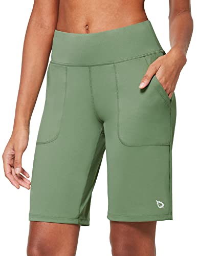BALEAF Damen 10" Bermuda Shorts Knielang Sommer Kurze Hose Hohe Taile Sporthose kurz mit Taschen Laufshorts Runningshorts Oliver Grün L BALEAF Damen 10" Bermuda Shorts Knielang Sommer Kurze Hose Hohe Taile Sporthose kurz mit Taschen Laufshorts Runningshorts Oliver Grün L von baleaf