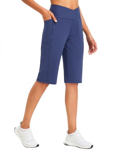 baleaf Damen Bermuda Shorts Capri Yogahose mit Taschen Weite Bein Straighthose Hohe Taille Loose Lounge Activewear Hosen Casual Sommer Blau L von baleaf