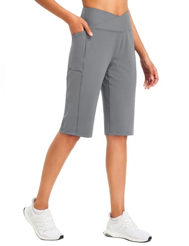 baleaf Damen Bermuda Shorts Capri Yogahose mit Taschen Weite Bein Straighthose Hohe Taille Loose Lounge Activewear Hosen Casual Sommer Grau XL von baleaf