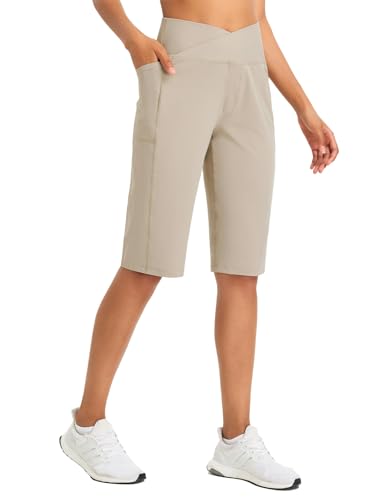 baleaf Damen Bermuda Shorts Capri Yogahose mit Taschen Weite Bein Straighthose Hohe Taille Loose Lounge Activewear Hosen Casual Sommer Khaki XXL von baleaf
