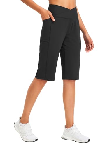 baleaf Damen Bermuda Shorts Capri Yogahose mit Taschen Weite Bein Straighthose Hohe Taille Loose Lounge Activewear Hosen Casual Sommer Schwarz S von baleaf