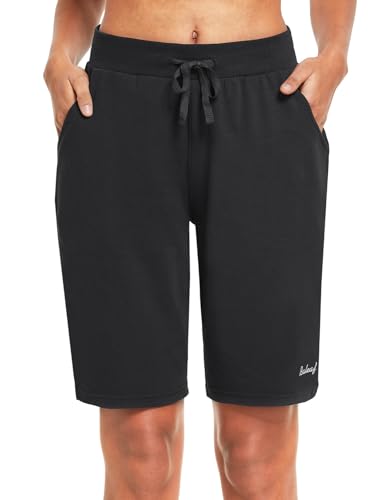 BALEAF Damen Bermuda Shorts Baumwolle Sweatbermudas Sweathose Knielang Hose Sommerhose kurz Activewear Shorts Schlafshorts mit Taschen Kordelzug für Yoga, Sport, Freizeit Schwarz L von BALEAF