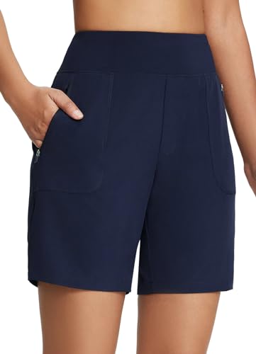 BALEAF Damen Bermudashorts Sportshorts mit Taschen Laufshorts Schnelltrocknend Bermuda Shorts Knielange Trainingsshorts lang Blau XS von BALEAF