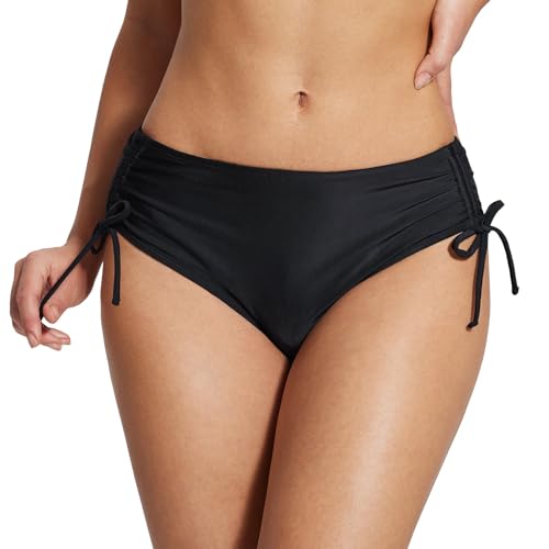 BALEAF Damen Bikini Bottom Mid Waisted Verstellbare Seite Krawatte Swim Bottoms Ruched Mid Coverage Swim Slips Schwarz L von BALEAF