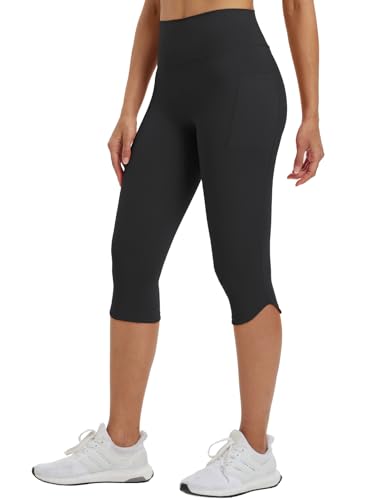 baleaf Damen Capri Leggings High Waist mit Taschen 3/4 Sport Leggins Fitness Yogahose Gym Sporthose Workout Sportleggings Schwarz XL von baleaf