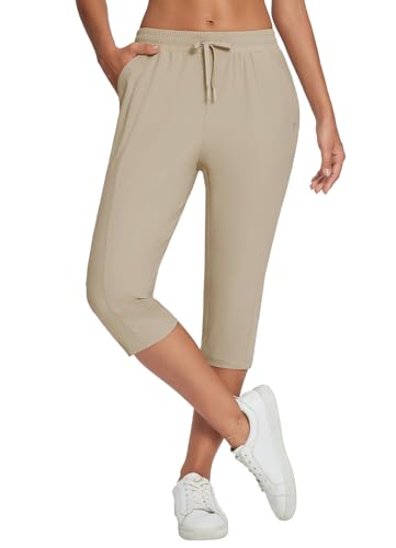 BALEAF Damen Capri Yoga Hosen Lose Kordelzug Workout Sweatpants Hohe Taille Lounge Hosen mit Taschen Beige L von BALEAF