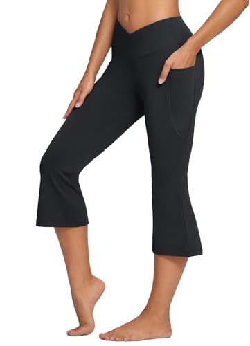 baleaf Damen Capri Yogahose mit Handytasche Bootcut Hose Sporthose Schwarz S von baleaf