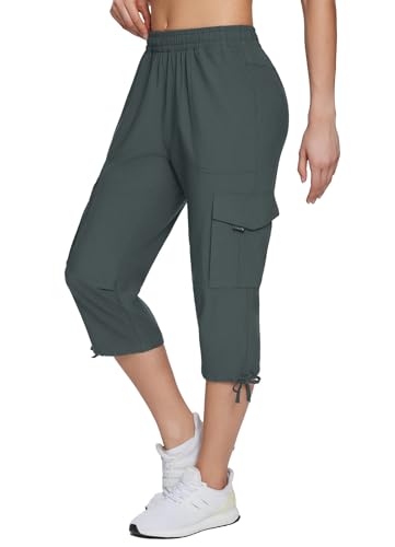 BALEAF Damen Cargo Hose Capris Wanderhosen Schnelltrocknend Leicht Elastische Taille Outdoor Trekkinghose mit Taschen Grau M von BALEAF