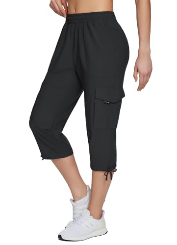 BALEAF Damen Cargo Hose Capris Wanderhosen Schnelltrocknend Leicht Elastische Taille Outdoor Trekkinghose mit Taschen Schwarz XL von BALEAF