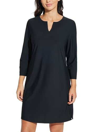 baleaf Damen Cover Up Kleid Sonnenschutz 3/4 Ärmel Tunika Strandkleid UPF 50+ Badeanzug Abdeckungen mit Taschen Schwarz S von baleaf