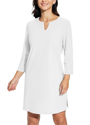 baleaf Damen Cover Up Kleid Sonnenschutz 3/4 Ärmel Tunika Strandkleid UPF 50+ Badeanzug Abdeckungen mit Taschen Weiß L von baleaf
