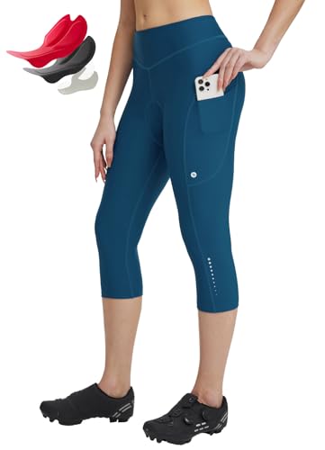 baleaf Damen Fahrradhose Lycra 4D Gepolstert Radfahren Caprihosen Hohe Taille Radfahren Fahrrad Polsterung Strumpfhose mit Taschen Blau L von baleaf