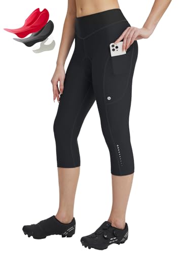 baleaf Damen Fahrradhose Lycra 4D Gepolstert Radfahren Caprihosen Hohe Taille Radfahren Fahrrad Polsterung Strumpfhose mit Taschen Schwarz XXL von baleaf
