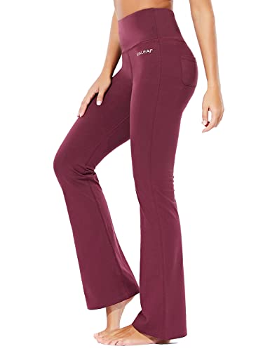 BALEAF Yogahose Damen Schlaghose Baumwolle Mit Taschen Activewear Hosen High Waist Yoga Pants Bootcut Jeans Stretch Flared Stoffhose Flare Leggings Haushose Weites Bein Jazzpants Lang Rot XS von BALEAF