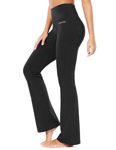 baleaf Yogahose Damen High Waist Schlaghose Bauchkontrolle Freizeithose Baumwolle Sporthose lang Yoga Pants mit Taschen Regulär/Groß Schwarz XS von baleaf