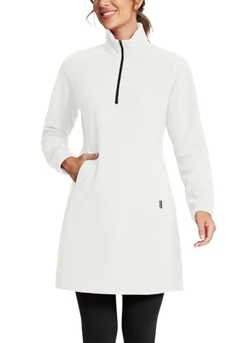 baleaf Damen Fleece Kleid Sweatshirt Tunika Long Quarter Zip Pullover Polar Winterkleid Cover Ups Pocket Weiß XL von baleaf