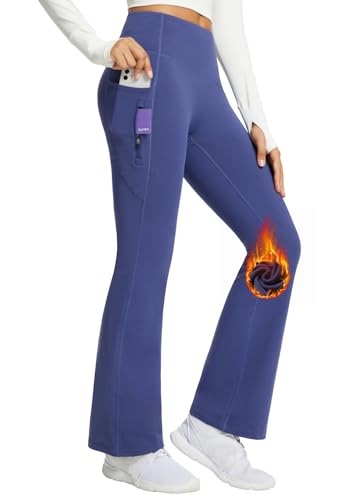 BALEAF Damen Fleece Lined Thermo Yogahose Bootcut Flare Hose High Waist Outdoorhose Wasserdicht Warm mit Taschen Blau 2XL von BALEAF