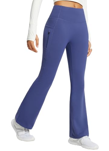 baleaf Damen Fleece Lined Thermo Yogahose Bootcut Flare Leggings High Waist Warmhose Winterhose Cargohose mit Taschen Blau XL von baleaf