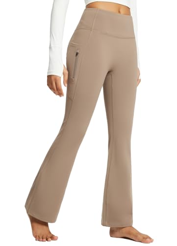 baleaf Damen Fleece Lined Thermo Yogahose Bootcut Flare Leggings High Waist Warmhose Winterhose Cargohose mit Taschen Braun 3XL von baleaf