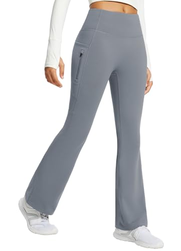baleaf Damen Fleece Lined Thermo Yogahose Bootcut Flare Leggings High Waist Warmhose Winterhose Cargohose mit Taschen Grau 3XL von baleaf