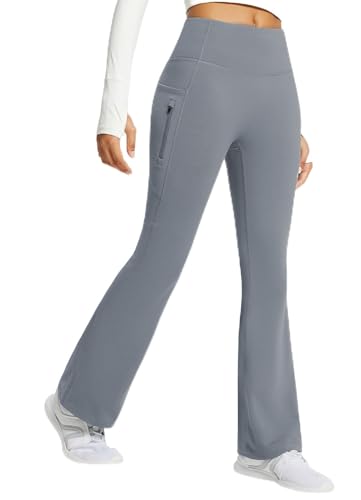 BALEAF Damen Fleece Lined Thermo Yogahose Bootcut Flare Hose High Waist Outdoorhose Wasserdicht Warm mit Taschen Grau XL von BALEAF