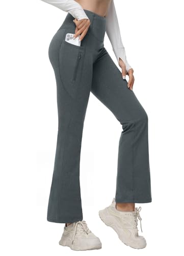 baleaf Damen Fleece Lined Thermo Yogahose Bootcut Flare Leggings High Waist Warmhose Winterhose Cargohose mit Taschen Floral Grau XL von baleaf