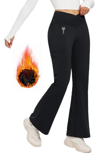 BALEAF Damen Thermo Hose Yogahose Bootcut Leggings Wasserabweisend Crossover Flare Leggings Warm High Waist Tanzhosen mit Taschen Schwarz S von BALEAF