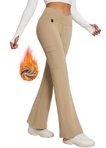 BALEAF Damen Thermo Hose Yogahose Bootcut Leggings Wasserabweisend Crossover Flare Leggings Warm High Waist Tanzhosen mit Taschen Khaki 2XL von BALEAF