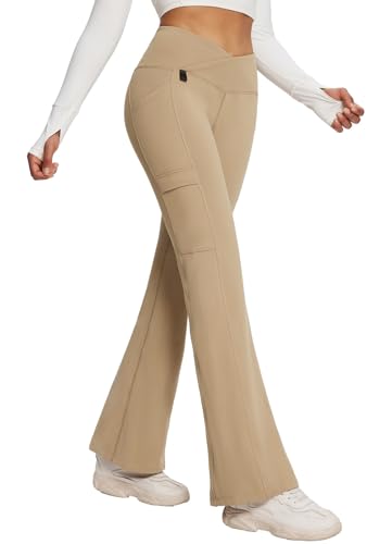 baleaf Damen Thermo Hose Yogahose Bootcut Leggings Wasserabweisend Crossover Flare Leggings Warm High Waist Tanzhosen mit Taschen Khaki L von baleaf