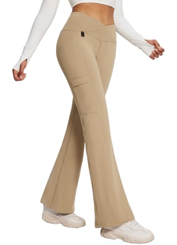 BALEAF Damen Thermo Hose Yogahose Bootcut Leggings Wasserabweisend Crossover Flare Leggings Warm High Waist Tanzhosen mit Taschen Khaki L von BALEAF