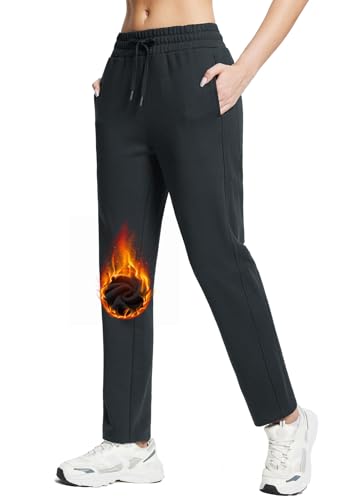 BALEAF Damen Fleece gefütterte Jogger Warme Thermalhose Gerade Bein Hose Dicker mit großen Taschen Schwarz M von BALEAF